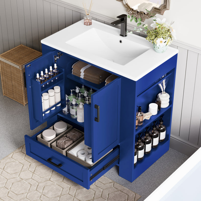 76 x 46 x 78.5cm Bodenstehender Badezimmerschrank, Waschtisch,komplett lackiert, Doppeltürregale, geräuschlose Schubladen, Regale auf beiden Seiten, integriertes Keramikwaschbecken, blau