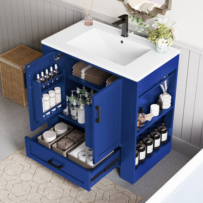 76 x 46 x 78.5cm Bodenstehender Badezimmerschrank, Waschtisch,komplett lackiert, Doppeltürregale, geräuschlose Schubladen, Regale auf beiden Seiten, integriertes Keramikwaschbecken, blau