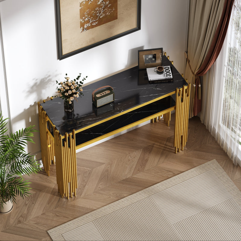 Mid-Century Modern Wohnzimmer Beistelltisch, Konsolentisch, Schwarzer Korpus mit goldenen Beinen, Doppelschicht MDF, Belastbarkeit bis 40 kg