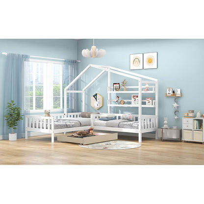 Kinderbett Hausbett mit Schubladen und Regalen, Massivholz mit Zaun und Lattenrost, L-Struktur, Weiß (90x200 cm+140x70cm)