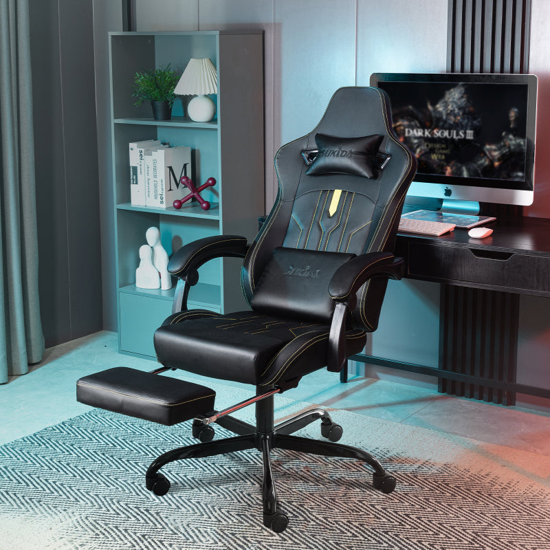Gaming Stuhl Computerstuhl Ergonomischer Gaming Chair mit Fußstütze Bürostuhl Ergonomischer Computerstuhl mit Lendenwirbelstütze Schwarz
