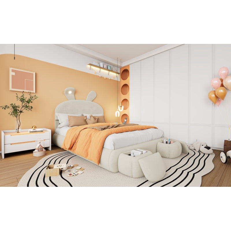 Polsterbett, Doppelbett, hydraulisches Bett, Hasenohren mit einstellbarer Helligkeit warmfarbenen Lichtstreifen, Stauraum unter dem Bett, zwei Aufbewahrungshockern, Samt, Beige, 140x200cm