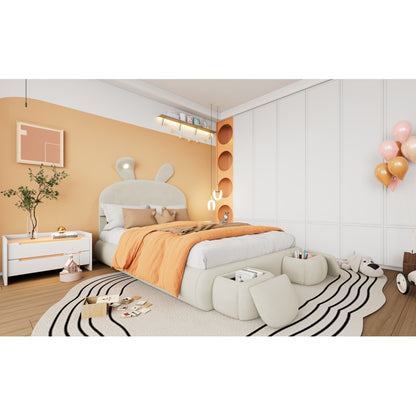 Polsterbett, Doppelbett, hydraulisches Bett, Hasenohren mit einstellbarer Helligkeit warmfarbenen Lichtstreifen, Stauraum unter dem Bett, zwei Aufbewahrungshockern, Samt, Beige, 140x200cm