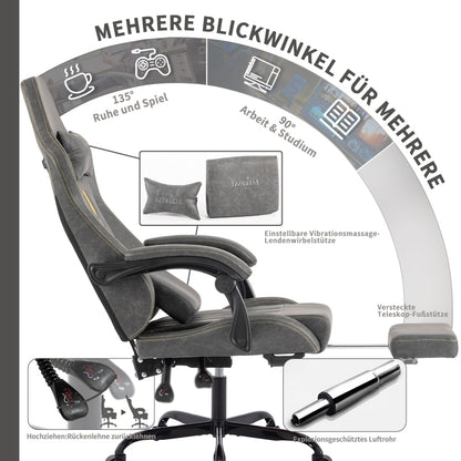 Gaming Stuhl Computerstuhl Ergonomischer Gaming Chair mit Fußstütze Bürostuhl Ergonomischer Computerstuhl mit Lendenwirbelstütze Grey
