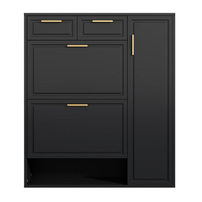 Moderne Schuhschrank, mit verstellbaren Regalen, goldenen Griffen, Schubladen, Klappschuhschrank und Türen,  Schwarz, B95/D24/H107
