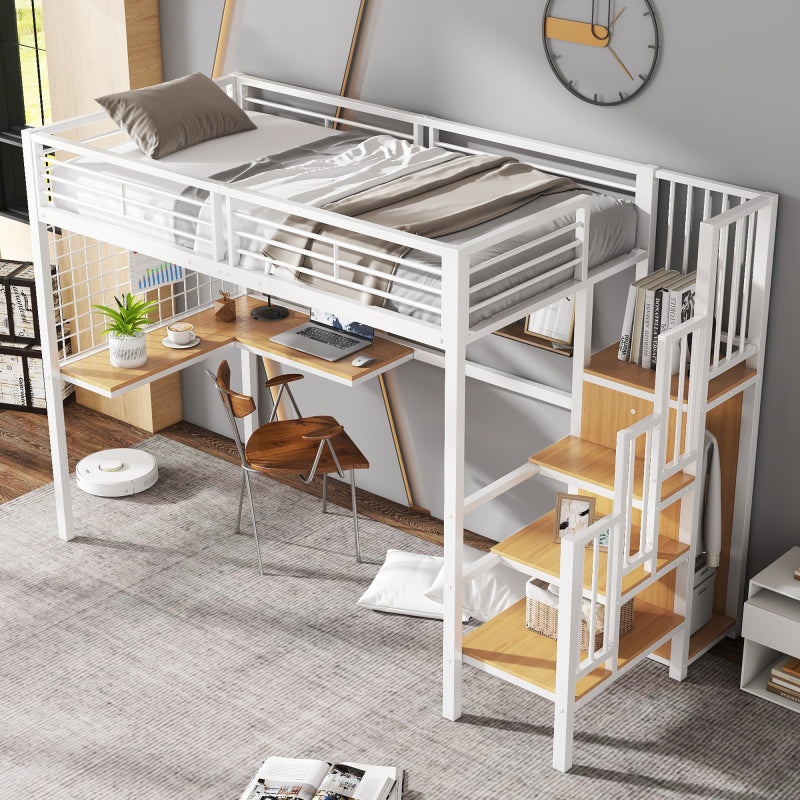 Eisenbett, Etagenbett, Hochbett, Geeignet für Kinder und Jugendliche, mit Tisch und Kleiderschrank, Seitenleiter mit Handlauf, Eisen+Spanplatte, Weiß+Natur, 90x200cm
