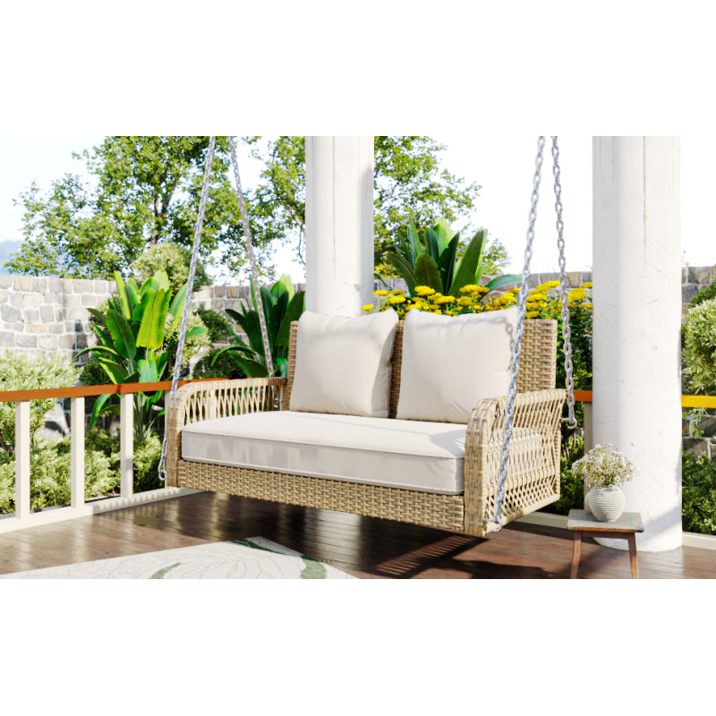 Hollywoodschaukel, Gartenschaukel, Gartenmöbel-Set für den Außenbereich, Beiges Rattan, beiges Sitzkissen, 2 Sitze, mit Sitzkissen und Rückenkissen, abnehmbar und waschbar
