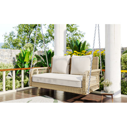 Hollywoodschaukel, Gartenschaukel, Gartenmöbel-Set für den Außenbereich, Beiges Rattan, beiges Sitzkissen, 2 Sitze, mit Sitzkissen und Rückenkissen, abnehmbar und waschbar