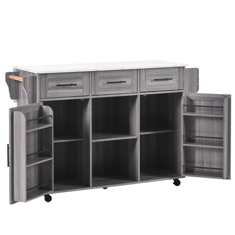 139x46(71)x91.5 cm großer Servierwagen/Beistellschrank, graues Massivholz-Furnier für den Korpus + weiße Marmor-Furnierdekoration für die Arbeitsplatte, Schrank/klappbare Arbeitsfläche/Stauraumtüren/r