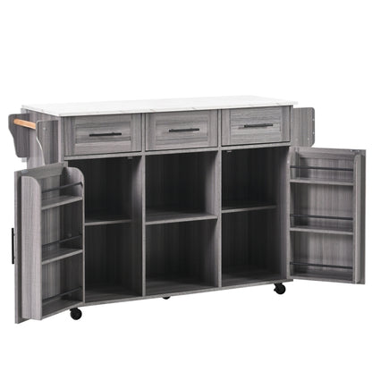 139x46(71)x91.5 cm großer Servierwagen/Beistellschrank, graues Massivholz-Furnier für den Korpus + weiße Marmor-Furnierdekoration für die Arbeitsplatte, Schrank/klappbare Arbeitsfläche/Stauraumtüren/r