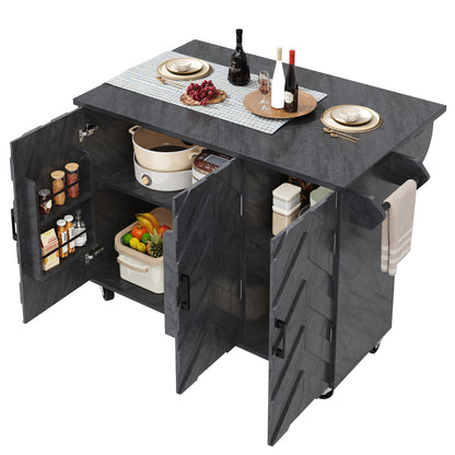 Mobile Kücheninsel 118x75cm Klappbar Servicewagen Grau mit Rollen, 3 Türen, 3 Schubladen & 3D-Wellenmuster Design, Küchenwagen