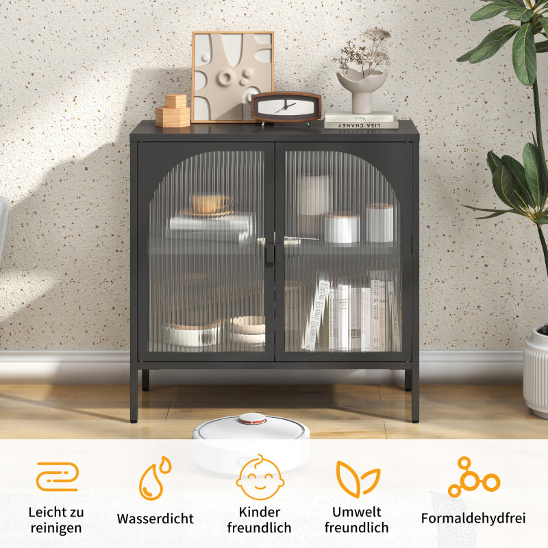 Metallseitenbrett-Schrank, Akzent-Speicherschrank mit 2 Glasklappen, Moderner Kaffebar-Schrank mit Einstellbaren Regalen für Küche, Wohnzimmer und Flur, eisenhaltig, H80cm×B80cm×T35cm