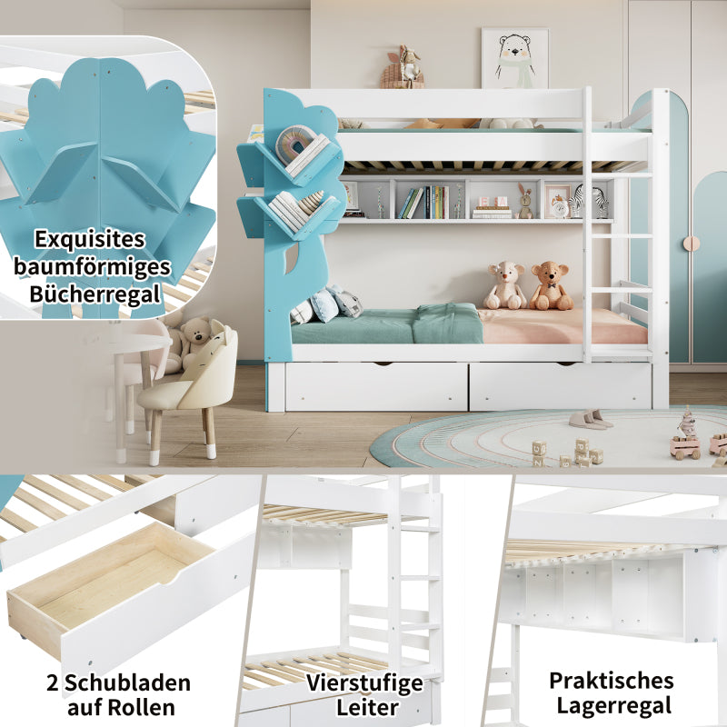 Etagenbett, Kreatives Kinderbett, Bücherregal in Baumform, Offenes Regal, Zwei Schubladen mit Rollen, Mit Fallschutzgitter, Reichlich Stauraum, Kiefer+MDF, Weiß+Blau, 90x200cm