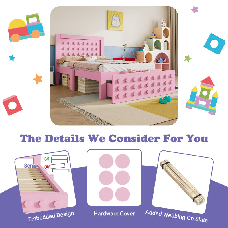 Holzbett Einzelbett 90x200 cm, Kinderbett Jugendbett mit Kreativem Block Design, Massivholz Bettgestell mit Lattenrost, mit Schubladen & Unterm Bett Stauraum, Rosa, Ohne Matratze