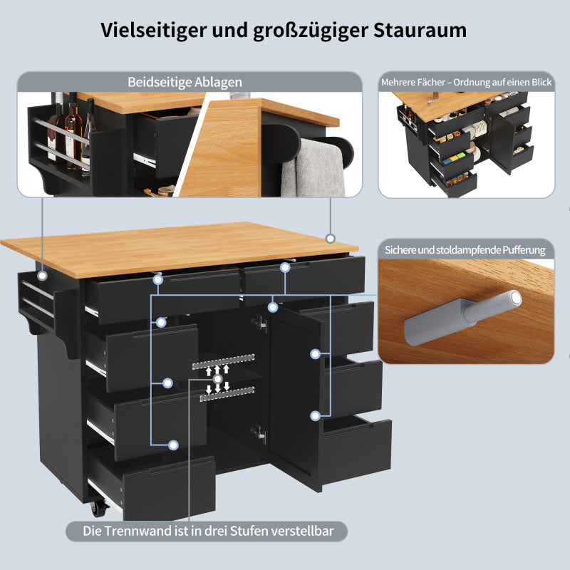 Moderne Kücheninsel, Küchenschrank, Ausziehbarer Küchenwagen mit Rollen und Arbeitsplatte, Servierwagen mit Gewürzregal und 8 Schubladen, Schwarz