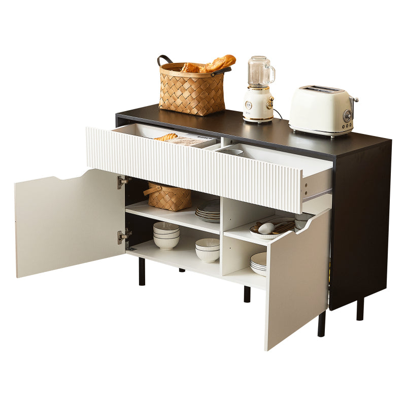 Aufbewahrungsschrank 120cm mit geriffelten Schubladen, schwarz-weißes Design, verstellbare Einlegeböden, 2 Türen, Sideboard-Buffet, Schrank-Organisator für Küche, Wohnzimmer, Esszimmer