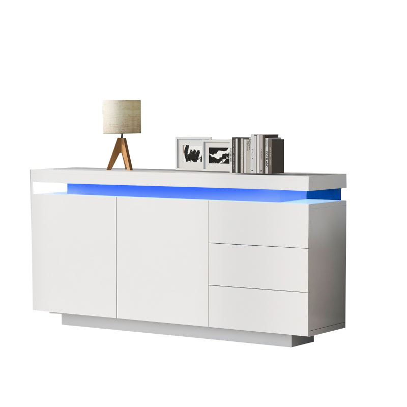 Sideboard Schrank Modern Wohnzimmer Beistellschrank Standschrank Kommode Highboard Anrichte Möbel 2 Türen 3 Schubladen Hochglanz Sideboard mit LED Licht Grifflose 140x35x72.5cm - Weiß