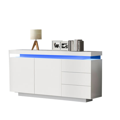 Sideboard Schrank Modern Wohnzimmer Beistellschrank Standschrank Kommode Highboard Anrichte Möbel 2 Türen 3 Schubladen Hochglanz Sideboard mit LED Licht Grifflose 140x35x72.5cm - Weiß