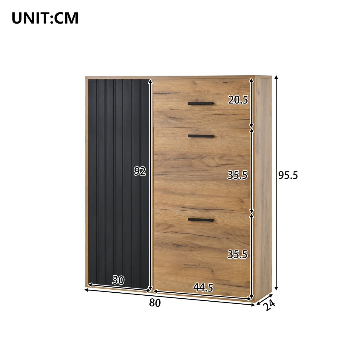 Schuhschrank Schwarz/Natur 80x24x95,5 cm mit 2 Klappen, 1 Tür & Schublade, verstellbare Regale, moderne Griffe