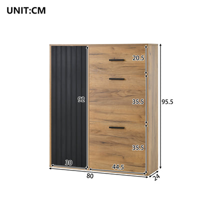 Schuhschrank Schwarz/Natur 80x24x95,5 cm mit 2 Klappen, 1 Tür & Schublade, verstellbare Regale, moderne Griffe