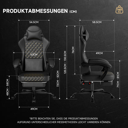 Gaming Stuhl mit Massage, Fußstütze, PVC-Leder, 150 kg Belastbar, Ergonomisch, Schwarz