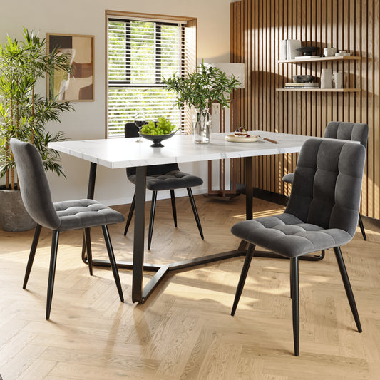 Esstisch und Stühle Set (5 Stück), Esszimmer-Set mit 4 Stühlen, marmorierte Tischplatte, schwarze Tischbeine, graue Samt-Esszimmerstühle