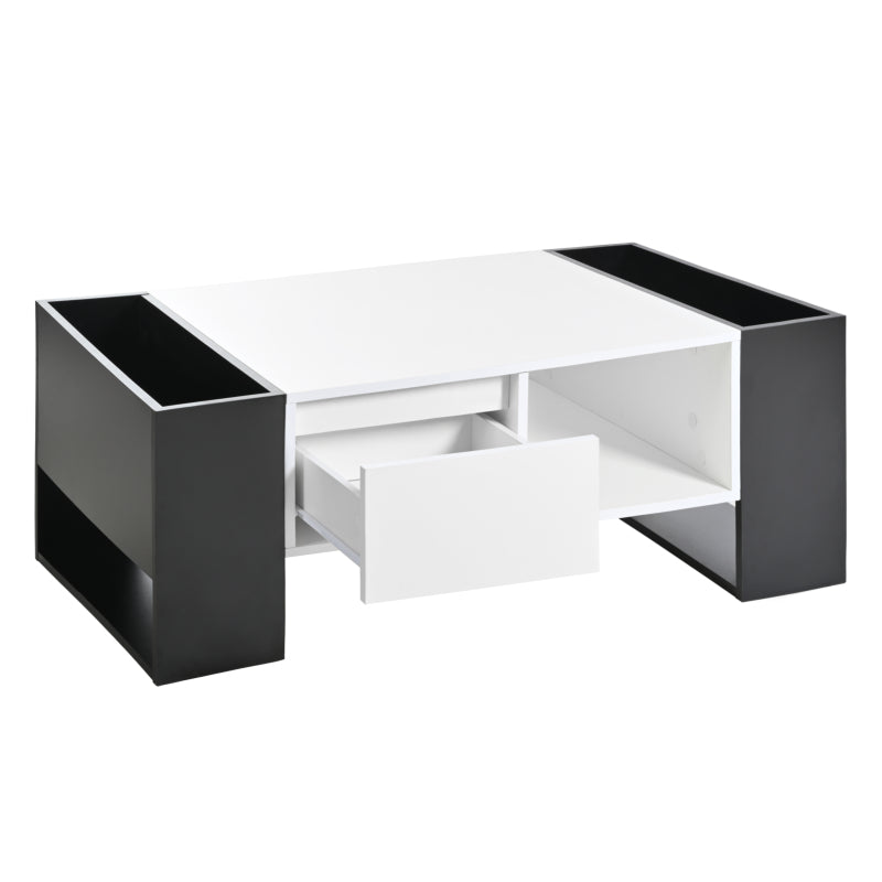 Moderner Couchtisch 105 x 60 x 40,5 cm – Schwarz-Weiß-Design mit hochglänzender Oberfläche, Schublade und 4 offenen Fächern