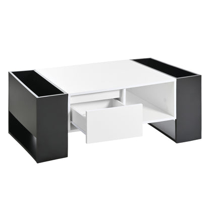 Moderner Couchtisch 105 x 60 x 40,5 cm – Schwarz-Weiß-Design mit hochglänzender Oberfläche, Schublade und 4 offenen Fächern