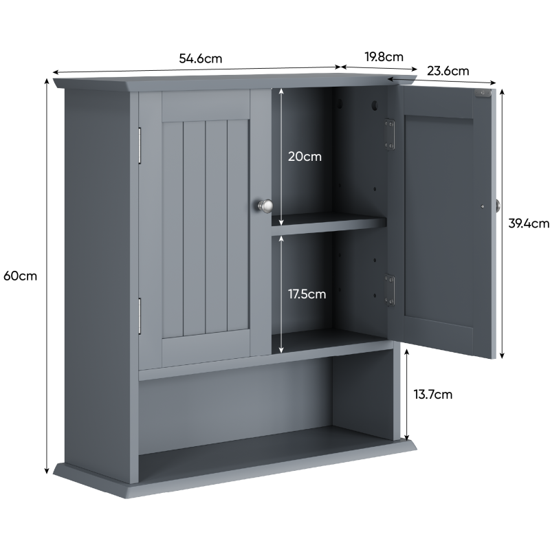 Badezimmerschrank Wandregal mit 2-Türen, hellgrau