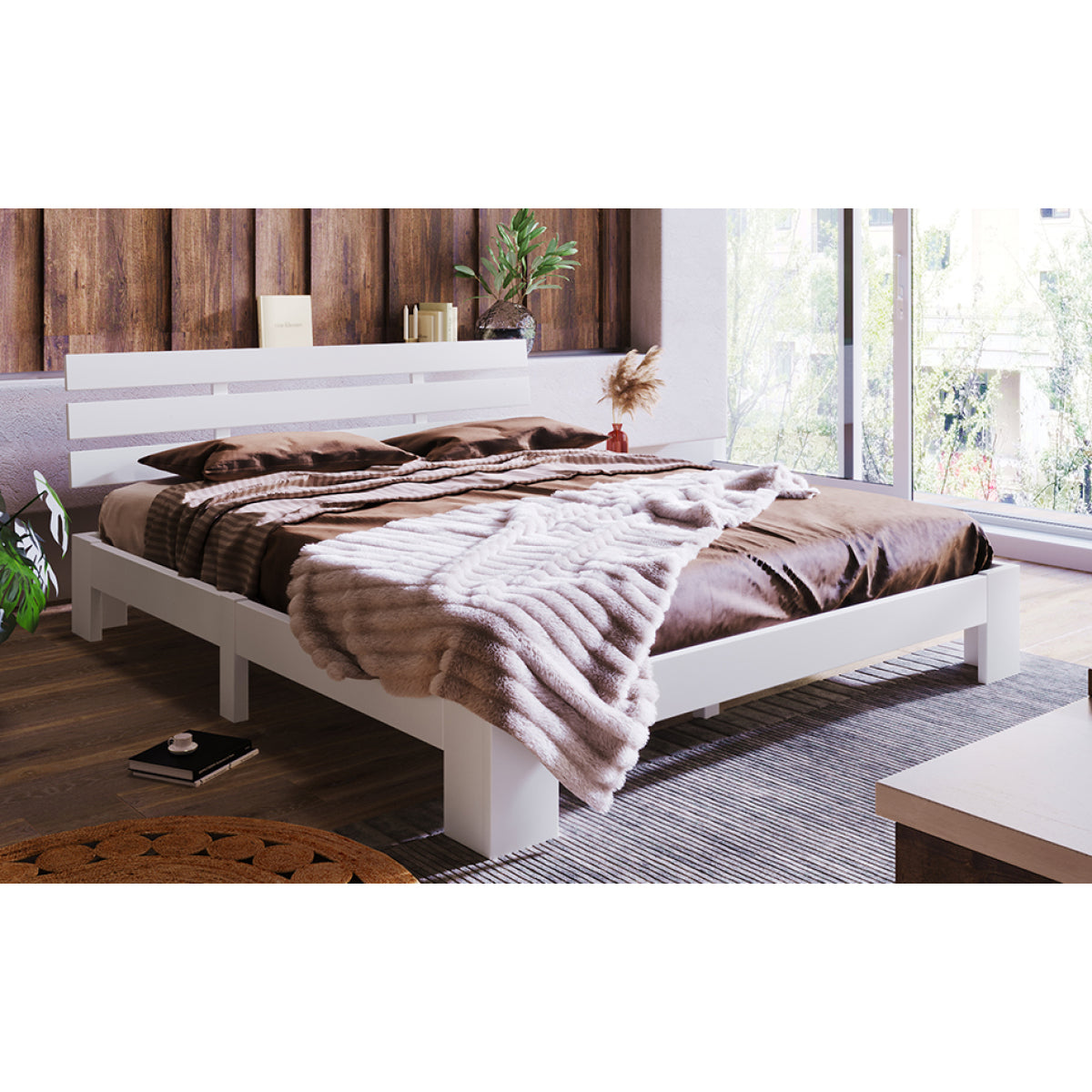 Bett 140x200 Holzbett Kiefer Massiv, Bettgestell mit Lattenrost, 150kg Tragkraft, Stauraum 18cm, White