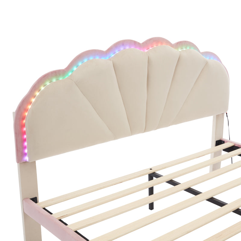 Polsterbett mit mehrfarbigen, wechselnden Lichtstreifen, Kopfteil mit Wellenschliff, mit gepolsterter runden Beine, Kinderbett, Jugendbett mit Holzlatten, Doppelbett, Samt, Beige+Rosa, 140x200cm