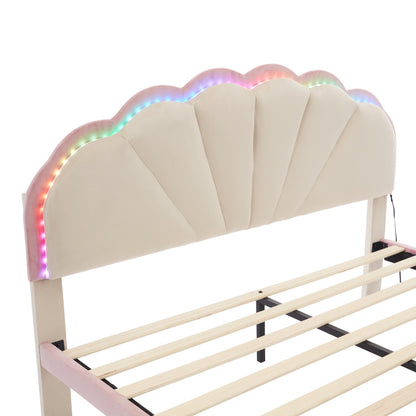 Polsterbett mit mehrfarbigen, wechselnden Lichtstreifen, Kopfteil mit Wellenschliff, mit gepolsterter runden Beine, Kinderbett, Jugendbett mit Holzlatten, Doppelbett, Samt, Beige+Rosa, 140x200cm