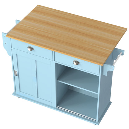 Esswagen/Anrichte, 112x40(70)x94 cm, Blau, Klappbare Massivholzoptik-Arbeitsplatte, mit Ablagetür, Rollen & Auswechselbaren Massivholzfüßen, für Küche & Esszimmer