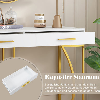 Konsolentisch,Flurtisch mit 2 Schublade ,Leichter Luxus-Stil Beistelltisch, Weiß/Gold