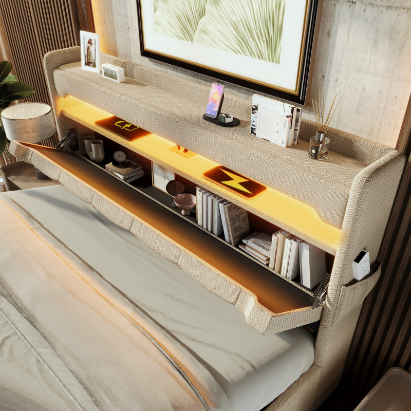 Polsterbett Doppelbett 160*200, Stauraum Kopfteil mit USB und Typ C-Port ,360-Surround-LED-Funktion rund um Kopf- und Fußende des, Betten mit Hydraulisch Stauraum, Beige , Leinen(Ohne Matratze)