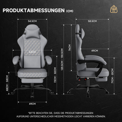 Gaming Stuhl mit Massage, Fußstütze, PVC-Leder, 150 kg Belastbar, Ergonomisch, Grau
