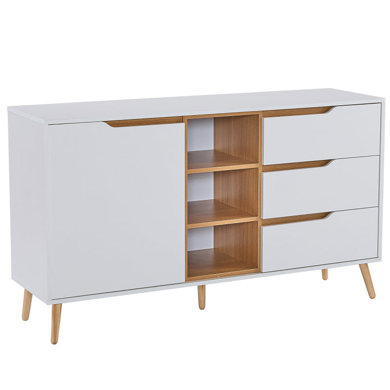 Modernes weißes Sideboard mit Einlegeböden, 3 Schubladen und offenem Stauraum, mit Kippschutz-Design – geeignet für Küche, Esszimmer und Wohnzimmer