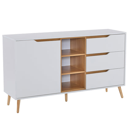 Modernes weißes Sideboard mit Einlegeböden, 3 Schubladen und offenem Stauraum, mit Kippschutz-Design – geeignet für Küche, Esszimmer und Wohnzimmer