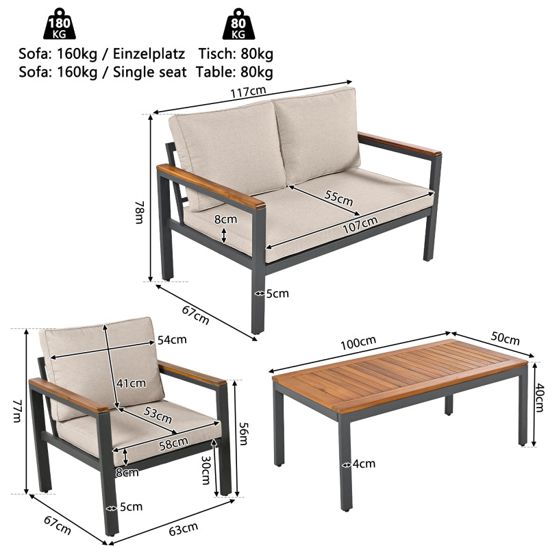 Loungeset, Gartenmöbel-Set mit Rahmen aus verzinktem Stahl, (breites Set, 4-teiliges Esstisch-Set, 1x 2-Sitzer-Sofa, 2x Einzelstühle, 1x Tisch), Akazienholz Tischplatte und Armlehnen,Beige