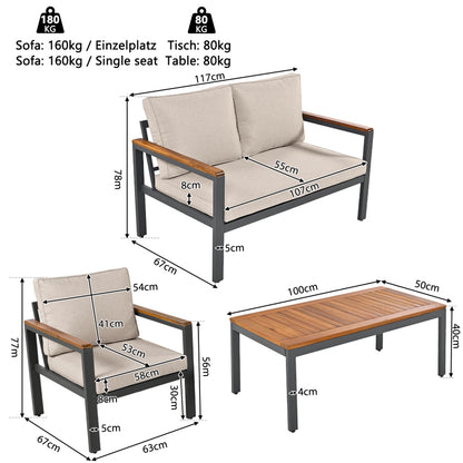 Loungeset, Gartenmöbel-Set mit Rahmen aus verzinktem Stahl, (breites Set, 4-teiliges Esstisch-Set, 1x 2-Sitzer-Sofa, 2x Einzelstühle, 1x Tisch), Akazienholz Tischplatte und Armlehnen,Beige