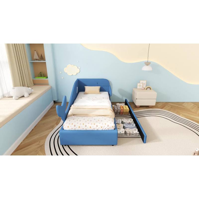 Kinder-Spleißbett, Polsterbett, Tagesbett, Walförmiges Design, Schlafsofa mit Metallbettgestell, 2 Schubladen auf Rollen, PU+MDF+Sperrholz, Blau, 90x200cm
