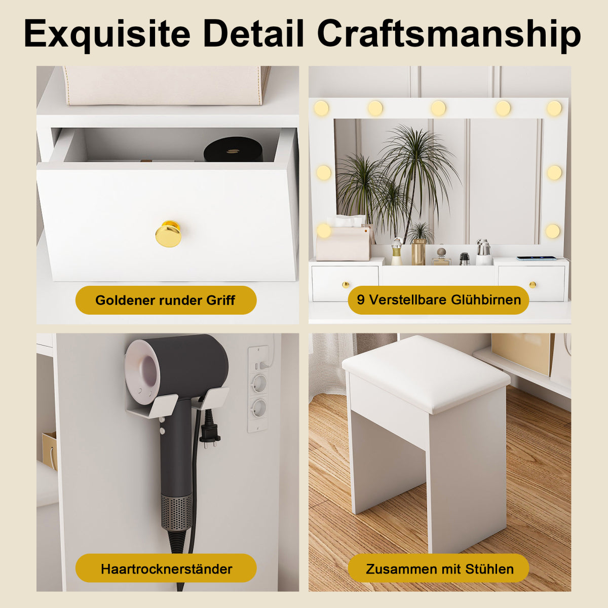 Schminktisch LED, 3 Stufen, Steckdose, 4 Schubladen, inkl. Hocker, Weiß