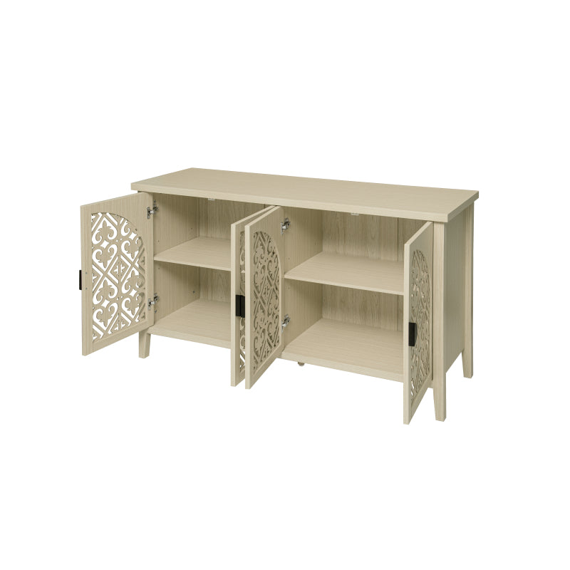 Natürliches Holzfarbener vier Türen Sideboard, mit geschnitztem und durchbrochenem Design, ausgestattet mit drei Einlegeböden. Geeignet für Wohnzimmer, Flur, Esszimmer und Küche.(147.6x40x80cm)