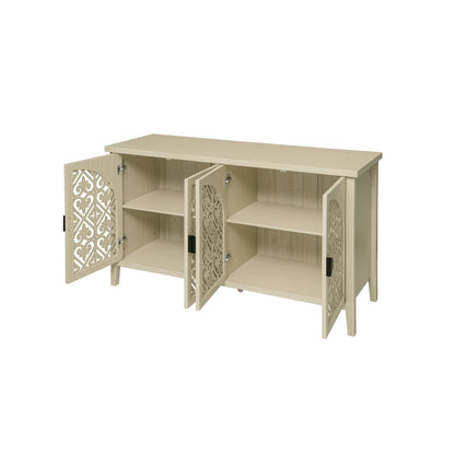 Natürliches Holzfarbener vier Türen Sideboard, mit geschnitztem und durchbrochenem Design, ausgestattet mit drei Einlegeböden. Geeignet für Wohnzimmer, Flur, Esszimmer und Küche.(147.6x40x80cm)