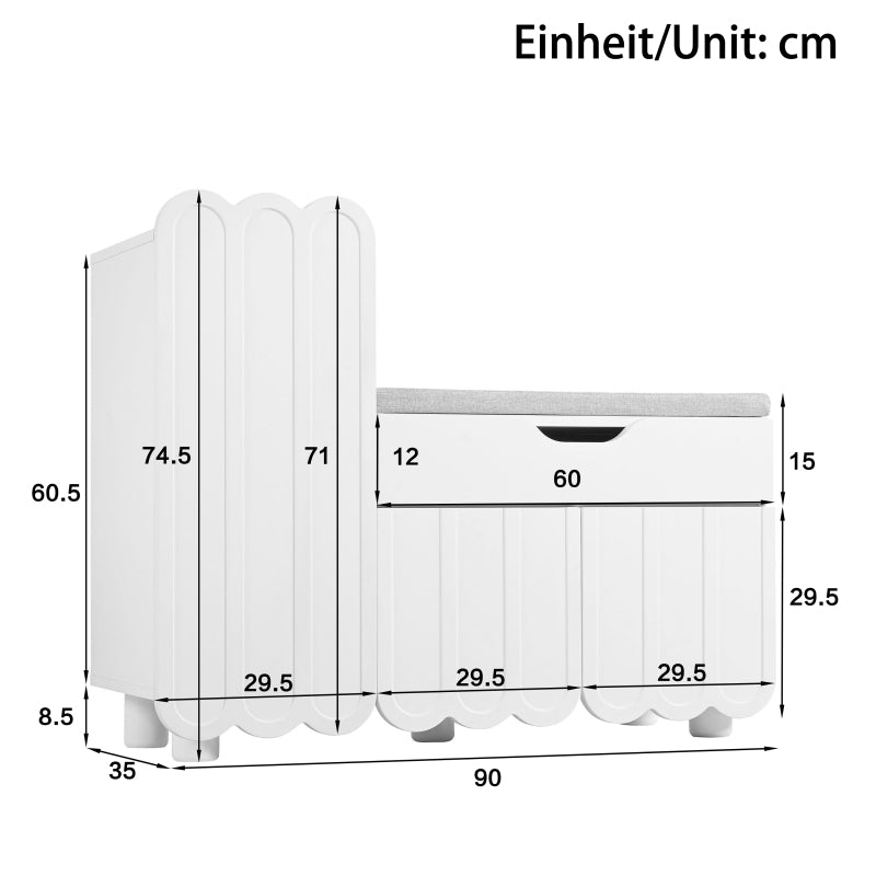 Moderner 3-Türen-Schuhschrank mit Schublade & Sitzpolster, Stilvolle Schuhbänke für Flur und Eingangsbereich, Weiß