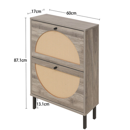 Schuhschrank mit zwei Türen, austauschbaren halbrunden Türfronten und Rattan-Oberfläche, geeignet für den Eingangsbereich und andere Szenen, Retro-grauer