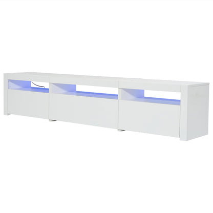 Weißer Hochglanz-TV-Schrank mit LED-Beleuchtung und Stauraum, weißes niedriges Paneel, bietet Platz für 80-Zoll-Fernseher, TV-Unterschrank mit herunterklappbarer Schranktür, 190 x 24 x 40 cm