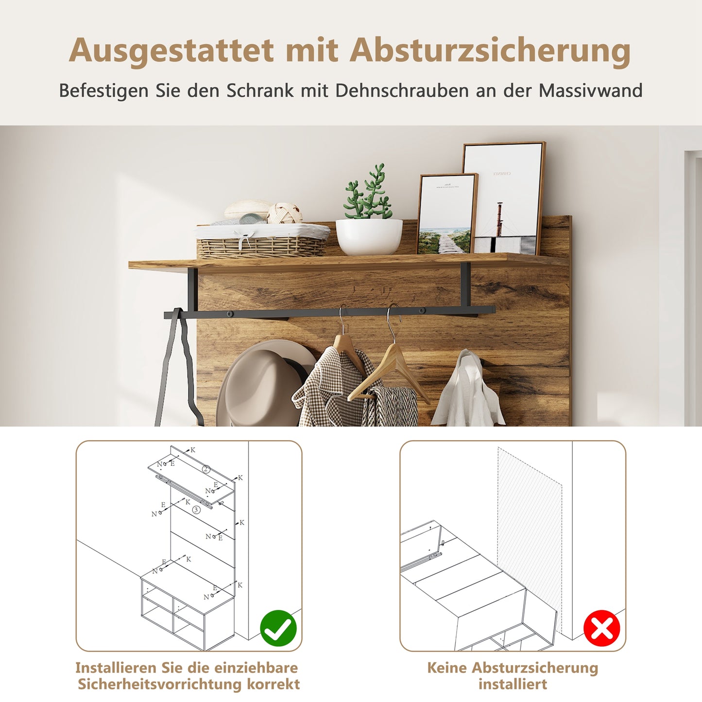 Garderobenset in Holzoptik mit Schuhbank, verstellbarem Regal, Kleiderstange und Polster, Praktische Flurmöbel