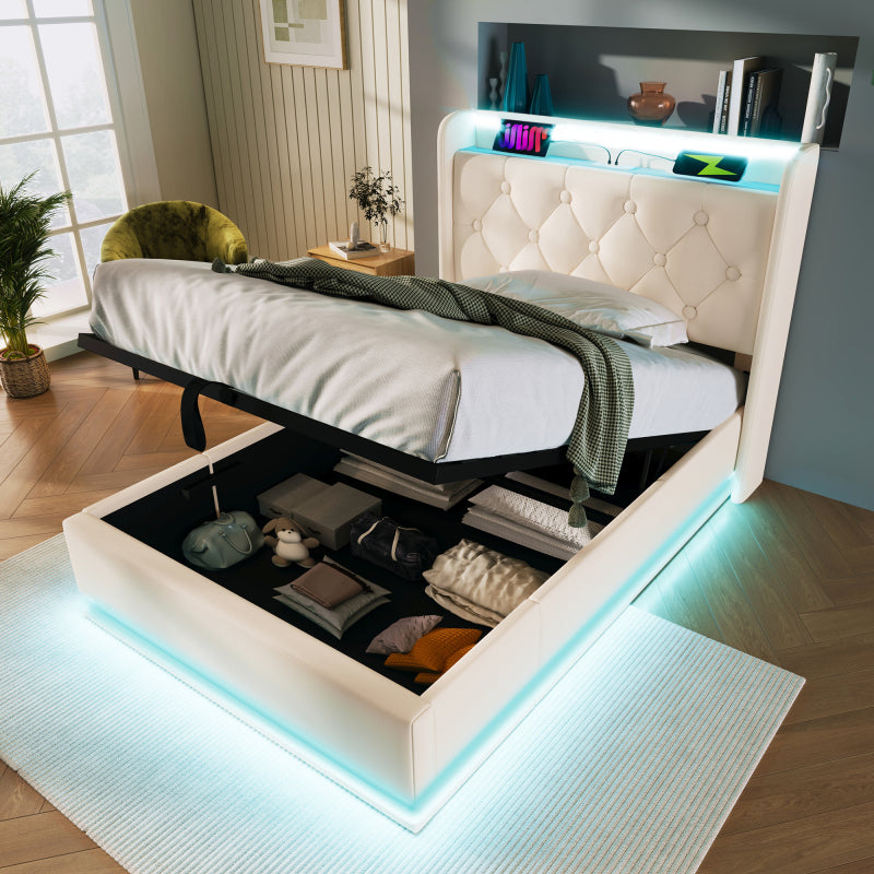 Polsterbett einzelbett, 360-Surround-LED-Funktion, Drucktaste/App/Fernbedienung, 90*200 cm, weiß PU-Material Hydraulisches Lagerbett, gepolstertes Kopfteil mit USB Typ-C Ladefunktion (Mit Matratze)