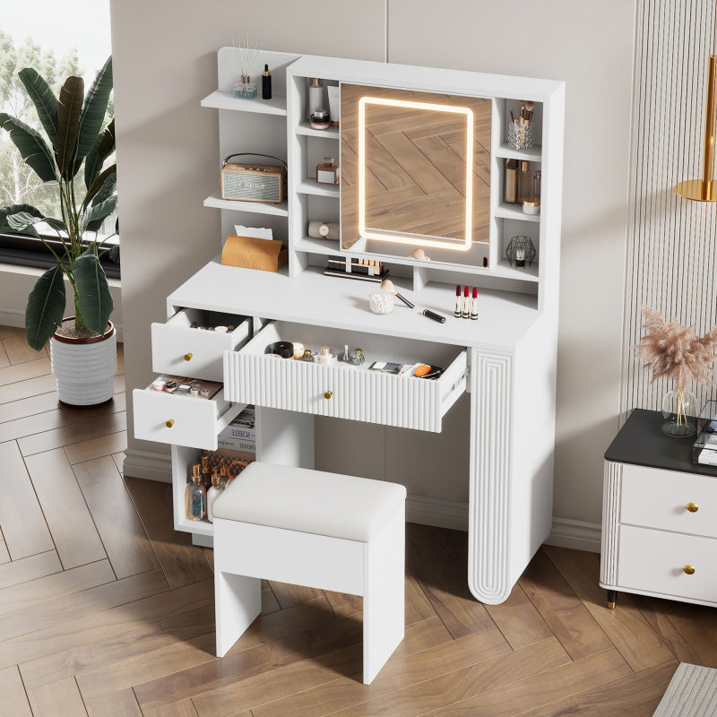 Beleuchteter Schminktisch mit Spiegel & Hocker – Moderner Frisiertisch mit Einstellbarer Helligkeit, Schubladen & Offener Ablage, Weiß, 100×40×138 cm